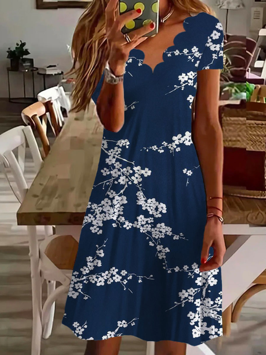 V neck Casual Loose Floral Print Short Sleeve Short Dress