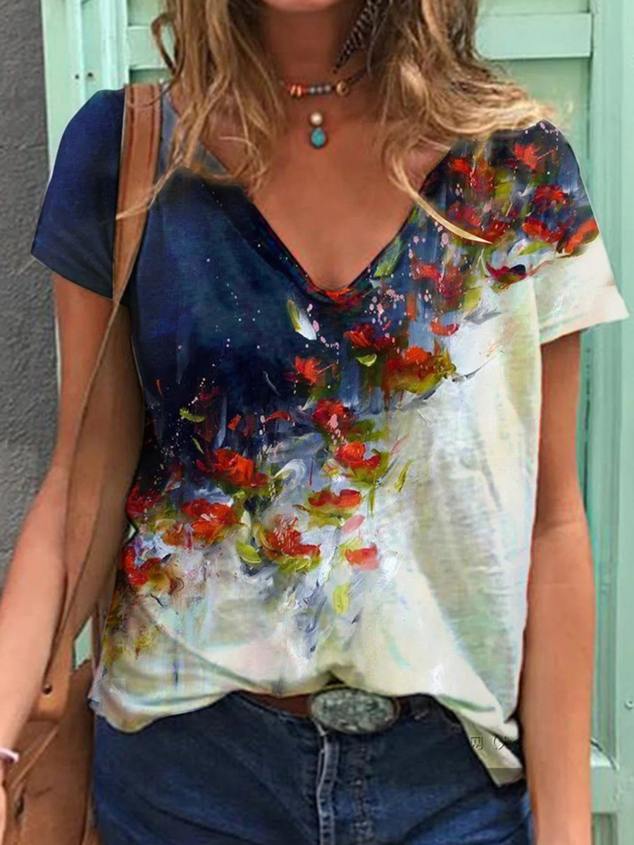 Floral Print Short Sleeve V Neck T Shirt