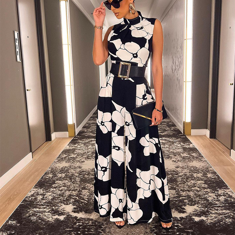 Ladies New Elegant Stand Collar Slim Print Jumpsuit