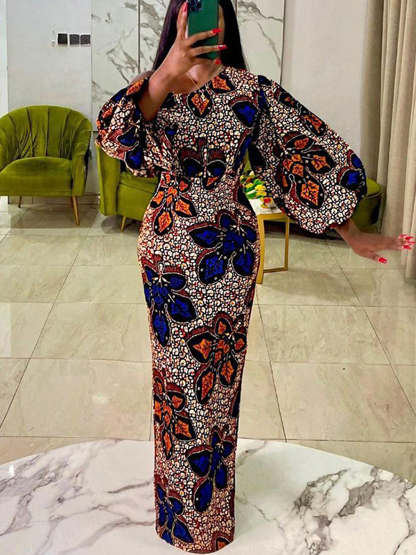 Women's Elegant Print Balloon Sleeve Off Shoulder Dress