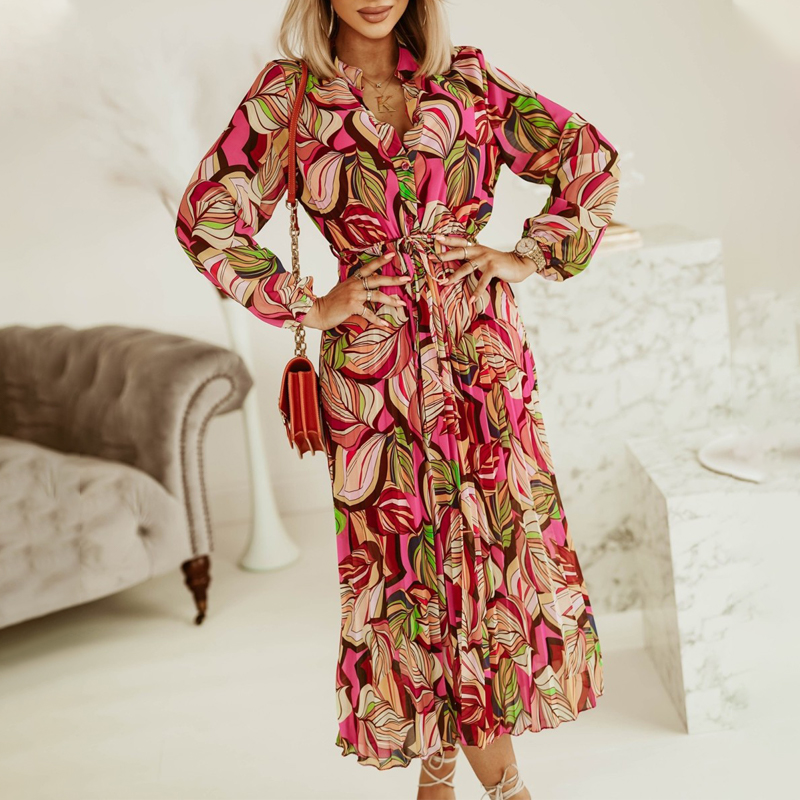 European And American Style V neck Long sleeved Waist colored Lace up Pleated Dress