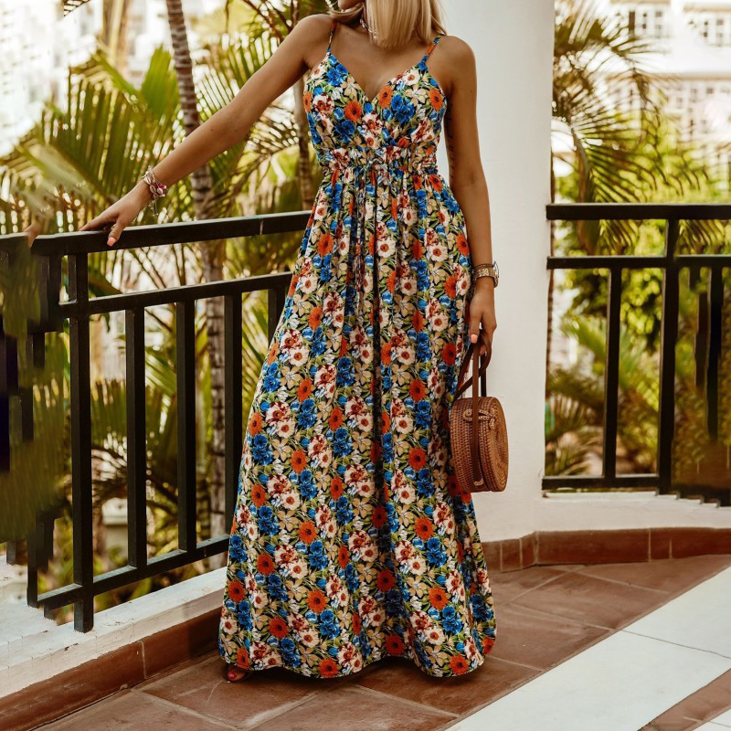 V Neck Sleeveless Sling Printed Bohemian Long Dress