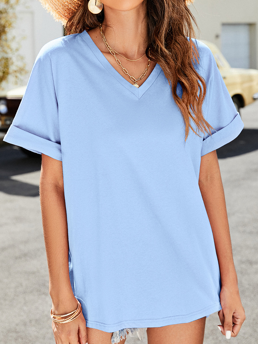 Casual Solid Color V Neck Short Sleeve T Shirt