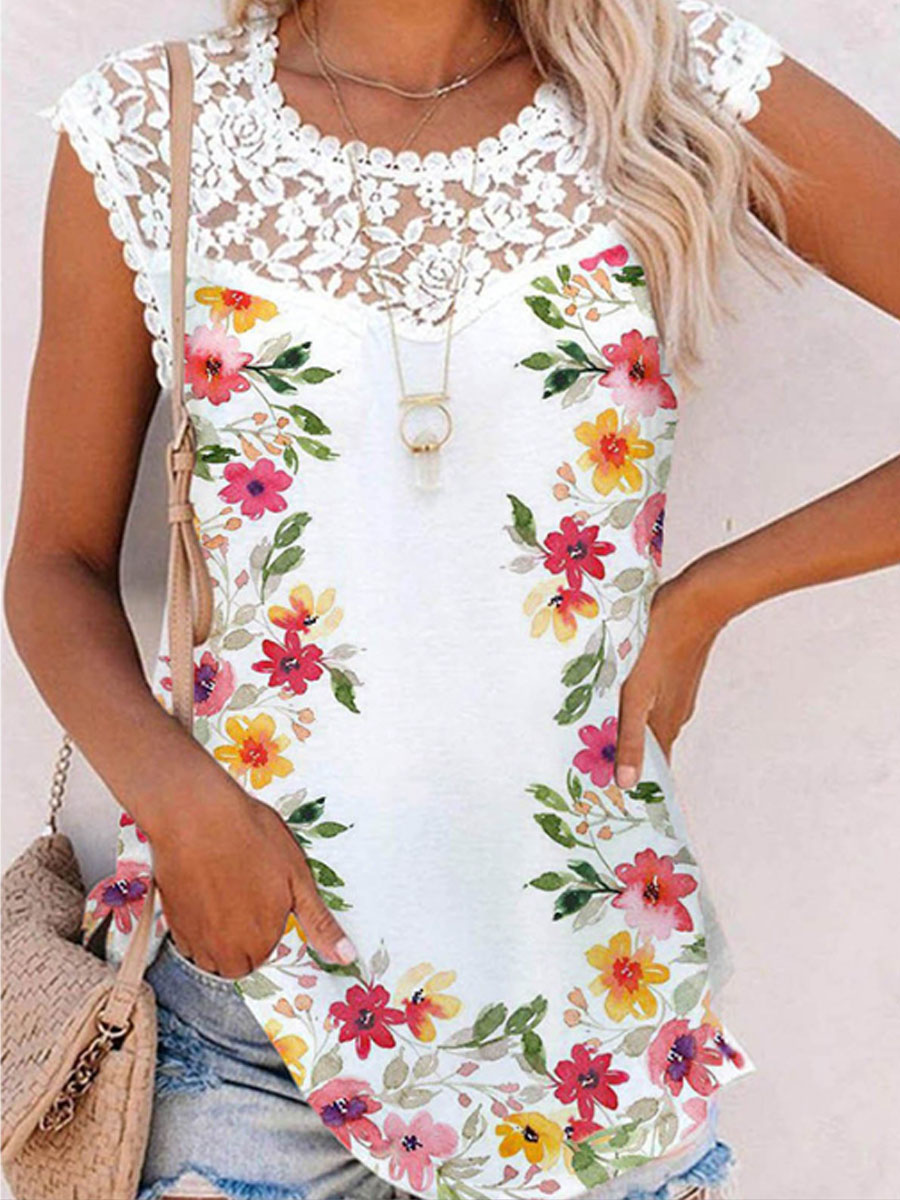 Round Neck Lace Panel Casual Loose Floral Print Sleeveless T shirt