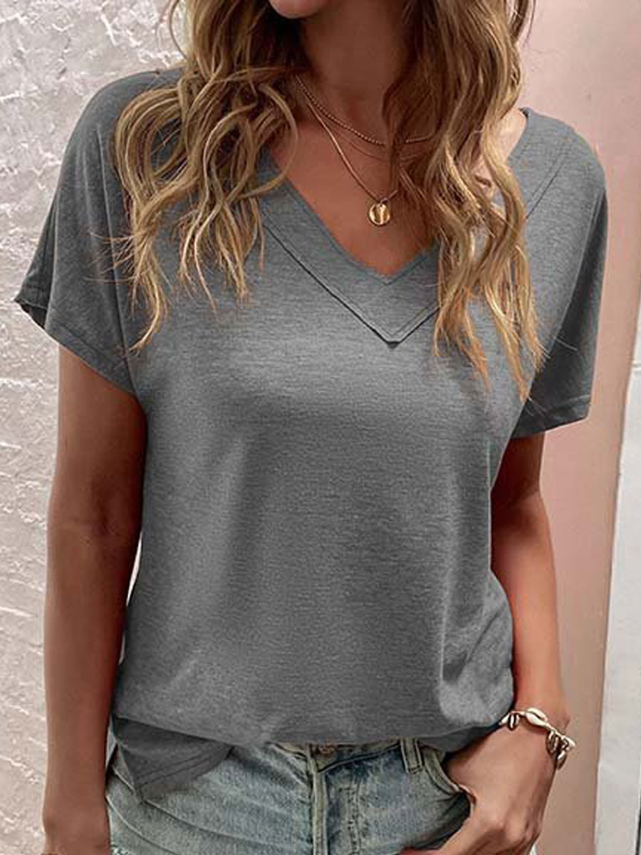 V neck Casual Loose Solid Color Short sleeved T shirt