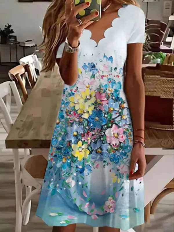 V-neck Casual Loose Floral Print Short Sleeve Short Dress - Oasisjoy.com 