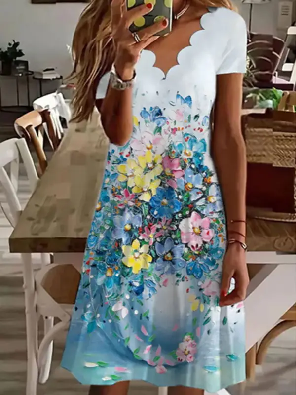 V-neck Casual Loose Floral Print Short Sleeve Short Dress - Machoup.com 