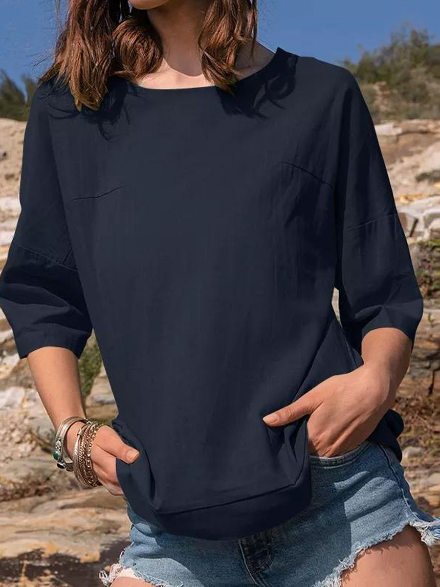 Round Neck Casual Loose Solid Color Short sleeved Blouse