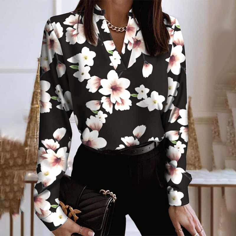 Ladies Casual Long Sleeve V Neck Loose Printed Shirt