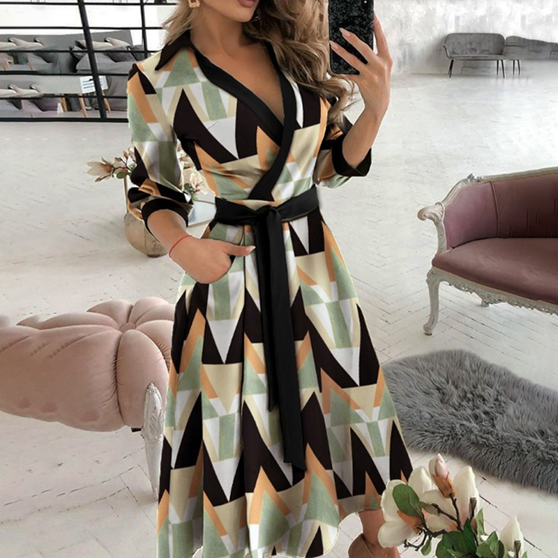 Ladies V Neck Print Lace Up Dress