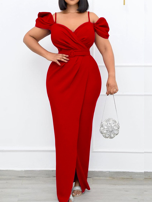 Ladies Elegant New Off the shoulder Sling Solid Color V Neck Bag Hip Long Dress Dress Skirt