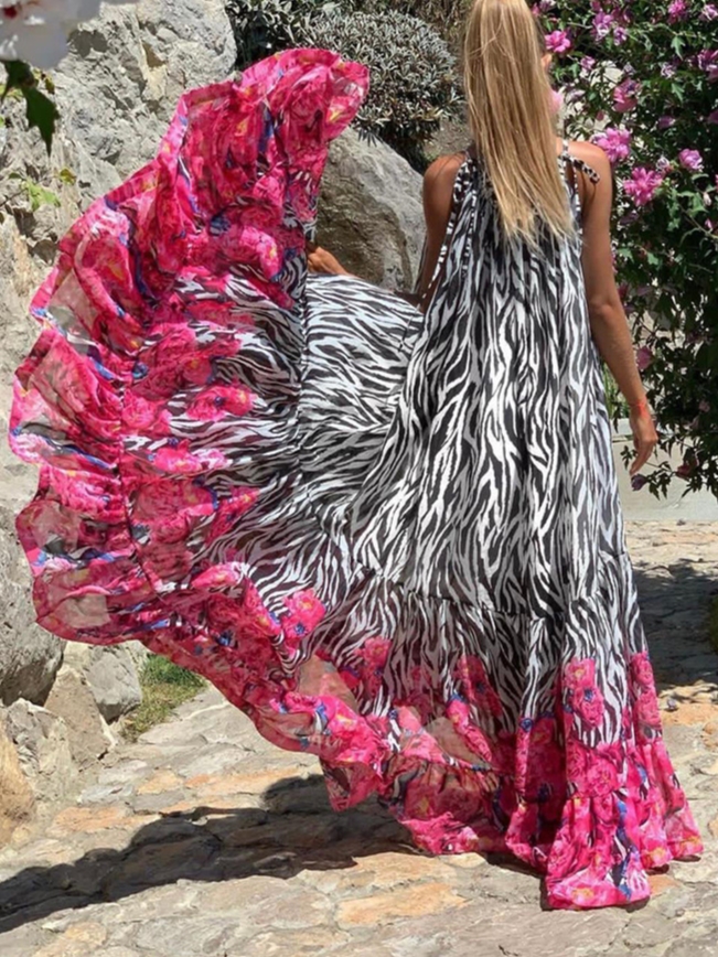Women's Fashion Casual Digital Print Halter Neck Off Shoulder Loose Piece Piece Beach Skirt Dress