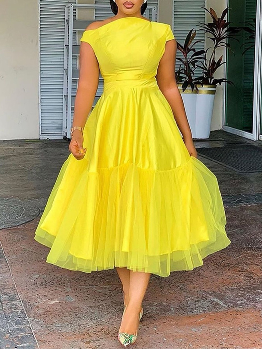 Ladies Elegant New Solid Color Slim Fit Mid Waist Evening Dress
