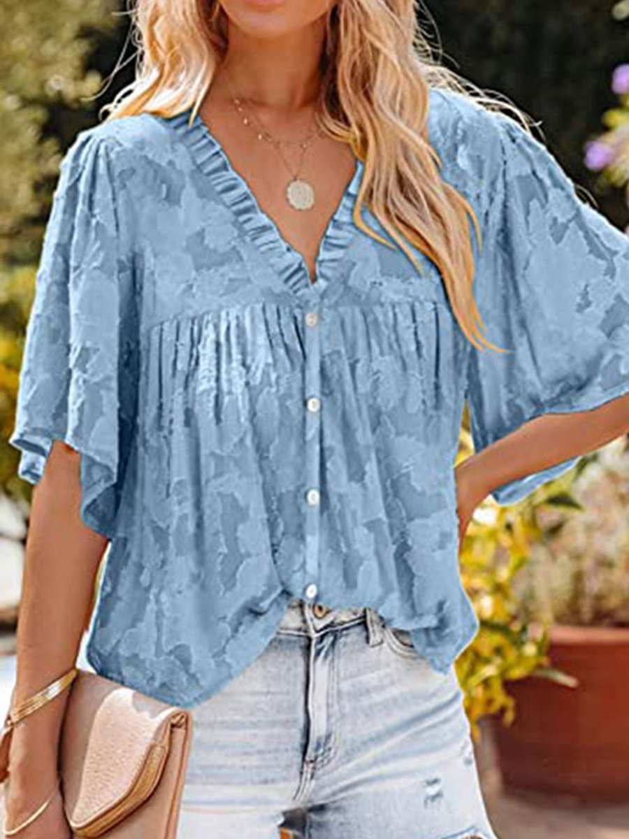 Casual Solid Lace Button V Neck Half Sleeve Shirt