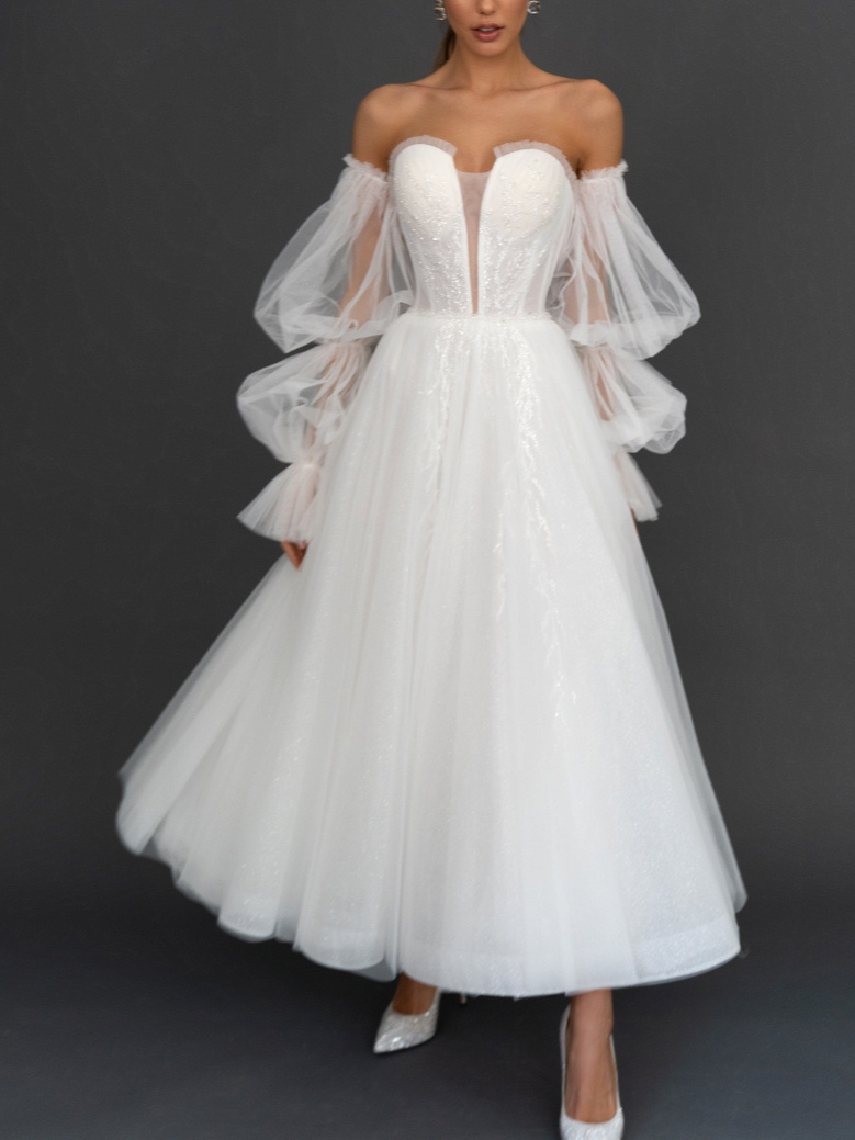 Women's Elegant Sweet Pure White Tulle Lace One shoulder Tube Top A type Dress Dress