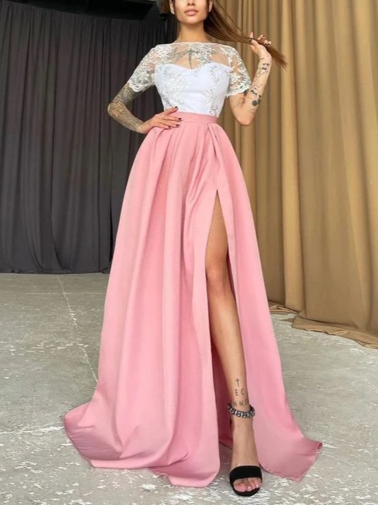 Women's Elegant Sweet Lace Mesh Panel Satin High Waist Slit Party Evening Dress