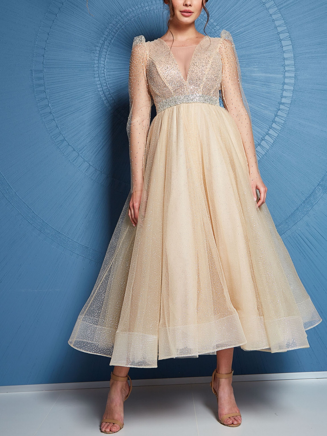 Women's Elegant Sweet Tulle Sequined Bronzing Dress V Neck A Type Dress
