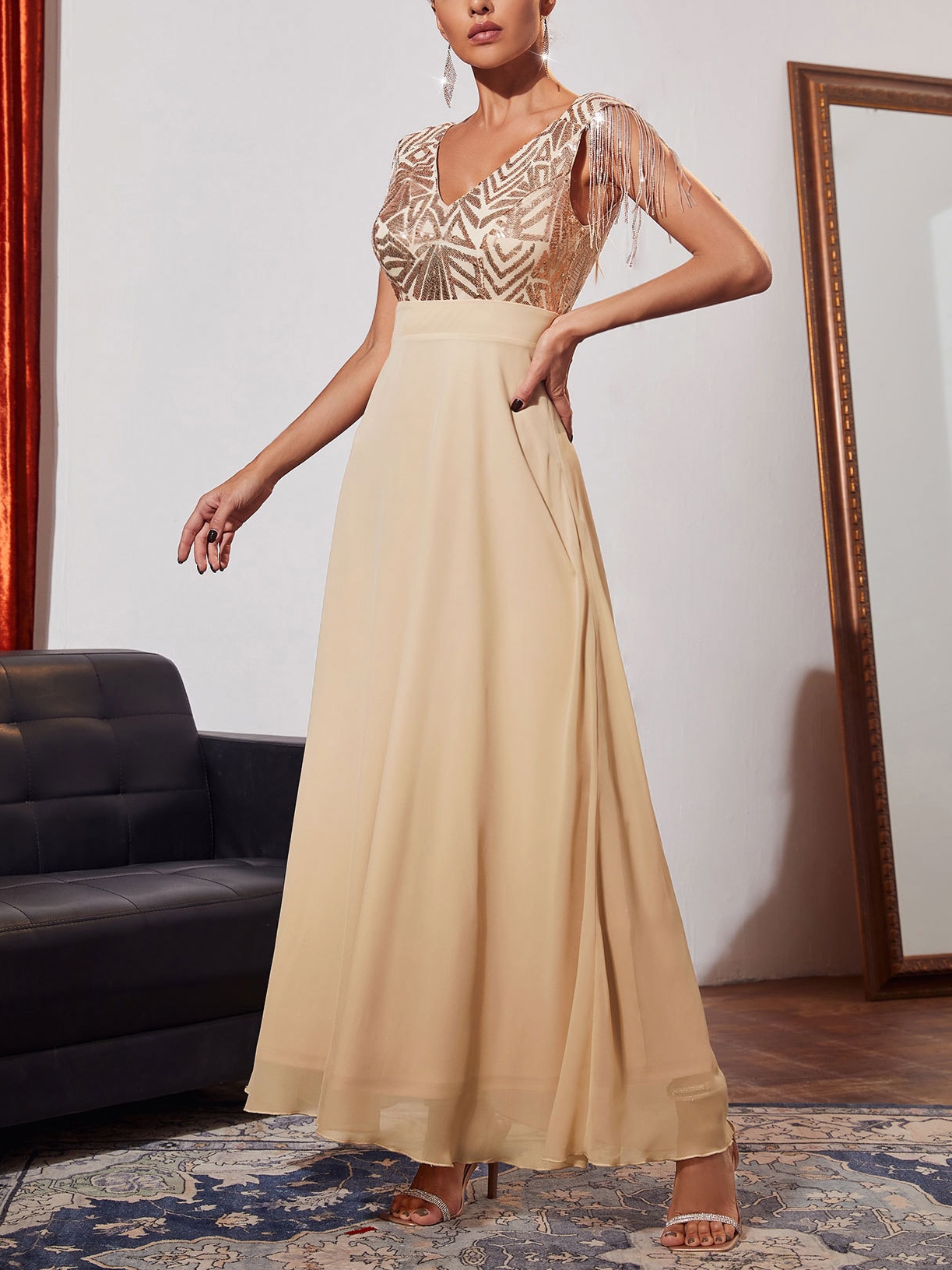 Women's Elegant Fashion Tassel Hot Silver Print Deep V Neck Chiffon A Shape Dress