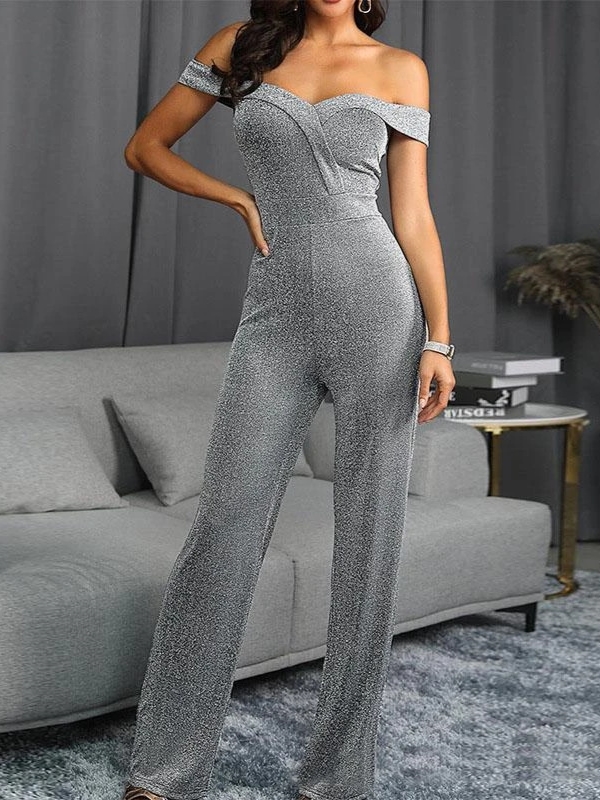 Women's Fashion Simple One Shoulder Tube Top Hot Silver High Waist Straight Jumpsuit