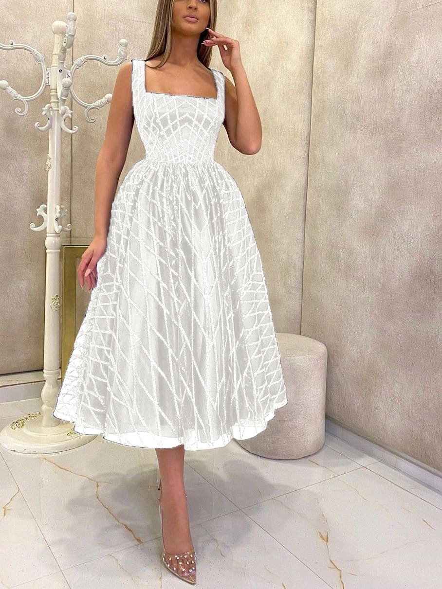 Women's Elegant Sweet Hot Silver Sequin Sling Square Neck Tulle Gown Dress