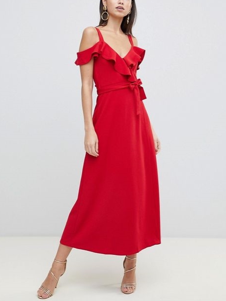 Women's Elegant Fashion V Neck Ruffle Design High Waist Dress