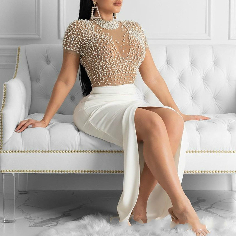Women's Elegant Sexy Crew Neck Mesh Panel Beaded Slit Gown Dress