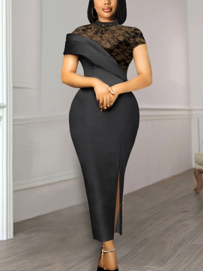 Women's Elegant Crew Neck Lace Panel Ruffle Short Sleeve Slim Fit Slit Dress