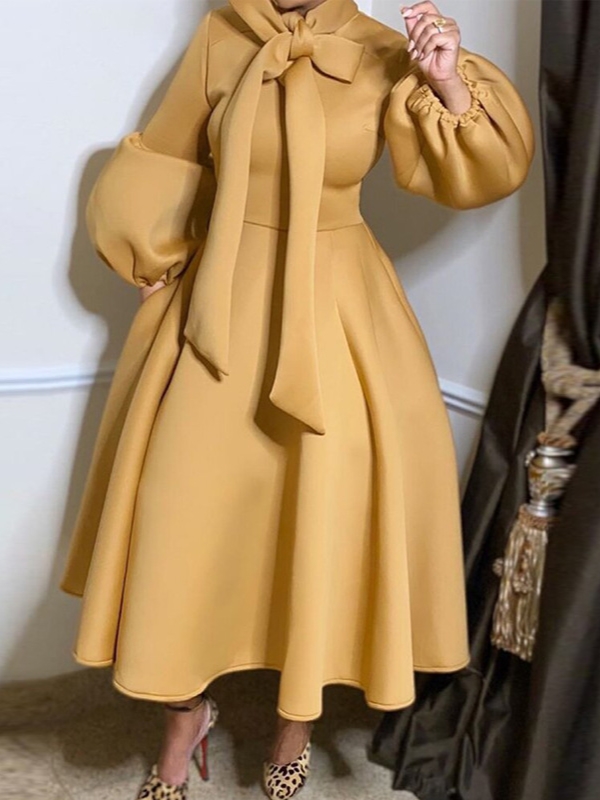 Women's Fashion Elegant Lantern Sleeve High Waist Tie Bow Flared Skirt Dress