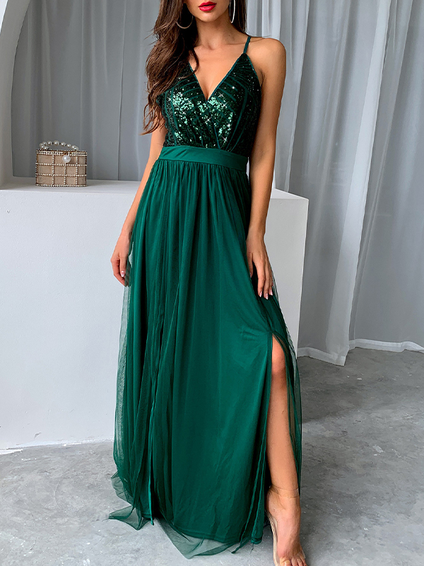 Ladies Sexy Sling Mesh Sequin Spliced ????Slit Dress