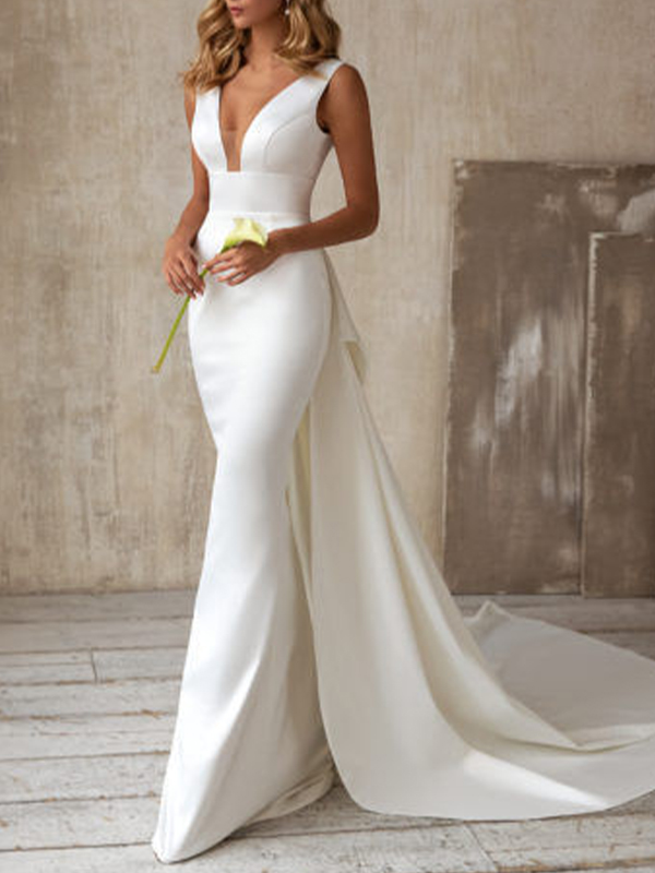 Ladies Sexy V Neck Sleeveless Trailing Dress