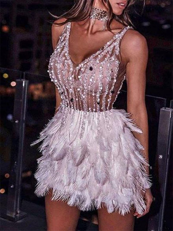 Women's Sexy Feather V Neck Slim Short Dress