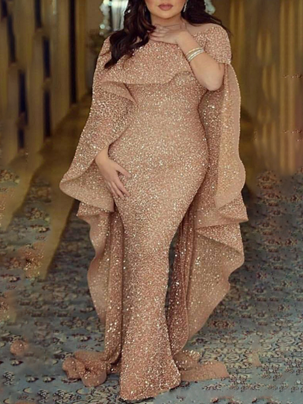Ladies Sexy Shawl Sequin Evening Dress Two Piece