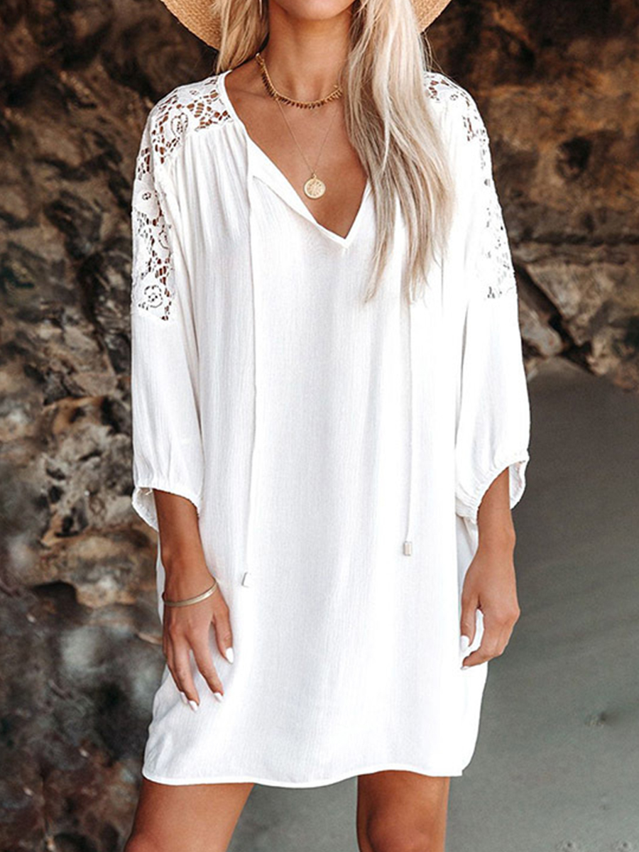 Summer Pleated V neck Lace Shoulder Beach Dress