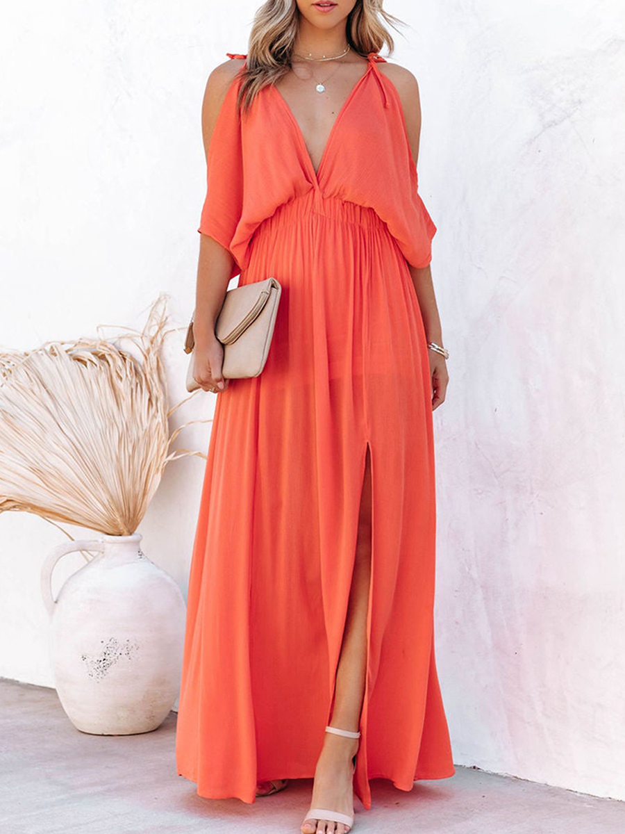 Summer Off shoulder Side Slit Deep V Neck Dress
