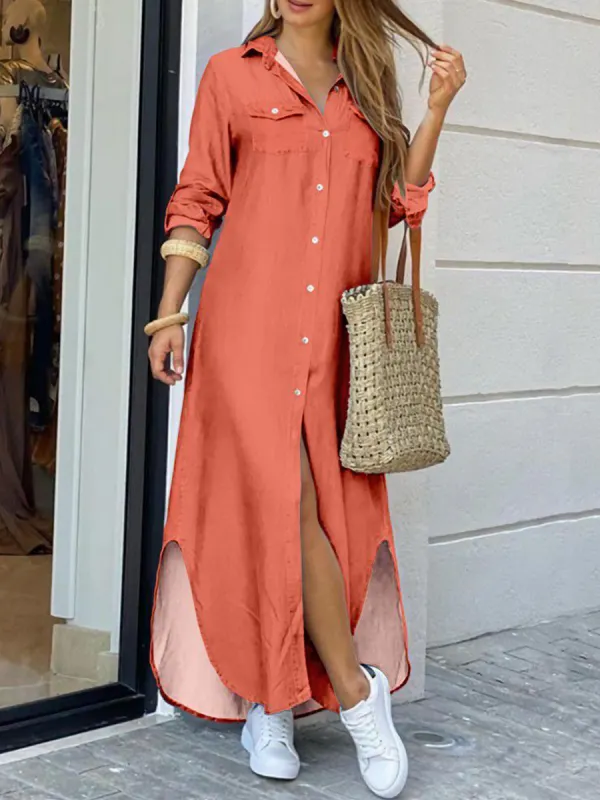 Summer Fashion Solid Color Shirt Maxi Dress - Oasisjoy.com 