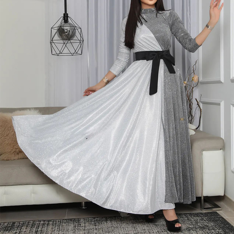 Ladies Elegant Fashion Color Block Party Long Dress