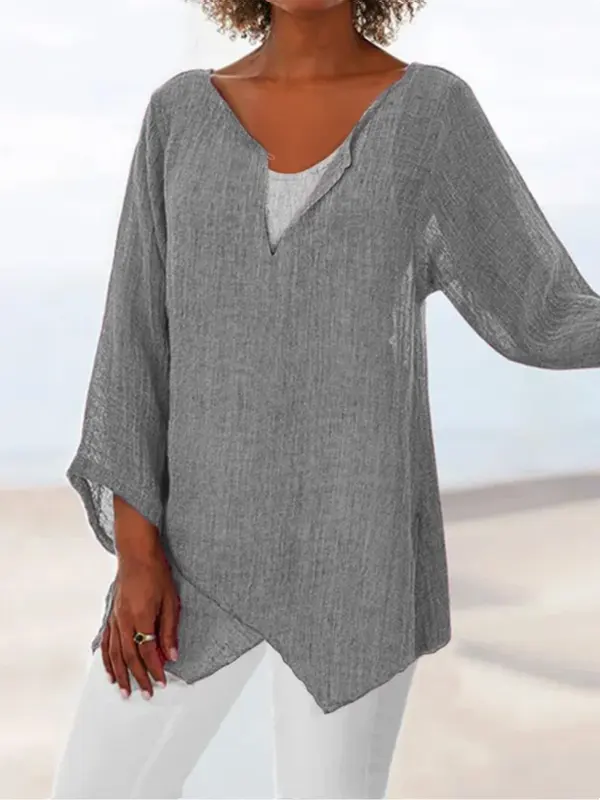 Women's Casual V-Neck Long Sleeve Cotton Linen Top - Oasisjoy.com 