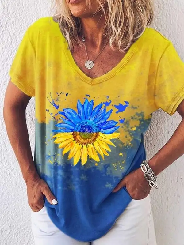 Women's Sunflower Print Casual Crewneck T-Shirt - Oasisjoy.com 