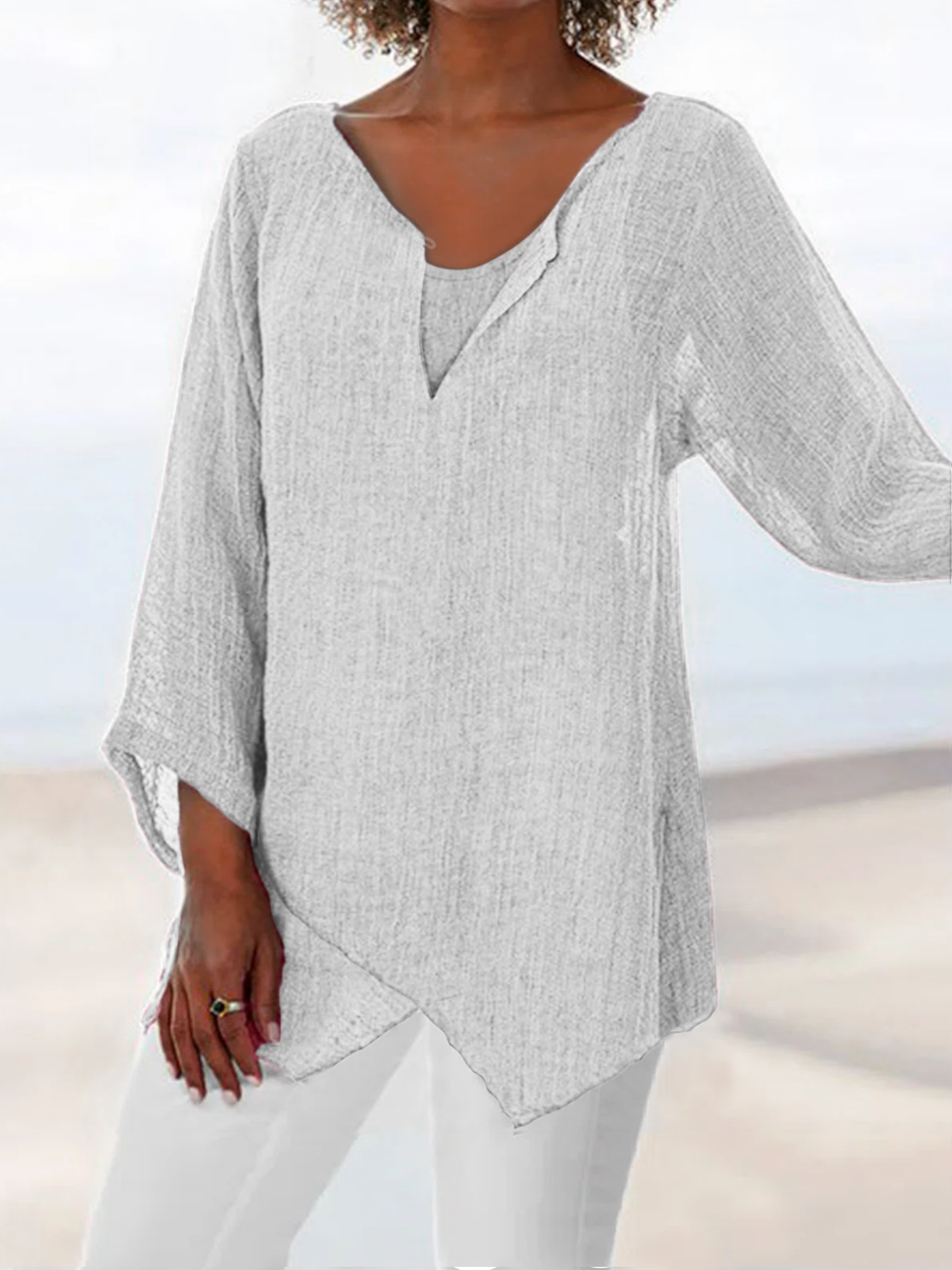 Women's Casual V Neck Long Sleeve Cotton Linen Top