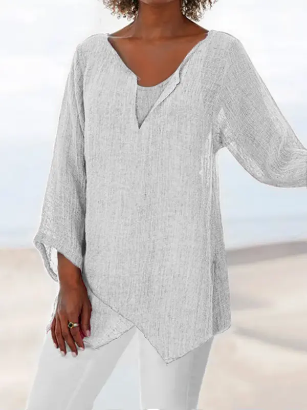 Women's Casual V-Neck Long Sleeve Cotton Linen Top - Minicousa.com 