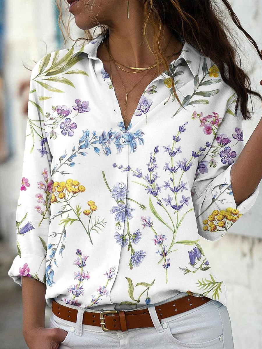 Casual Fashion Floral Print Lapel Long Sleeve Shirt