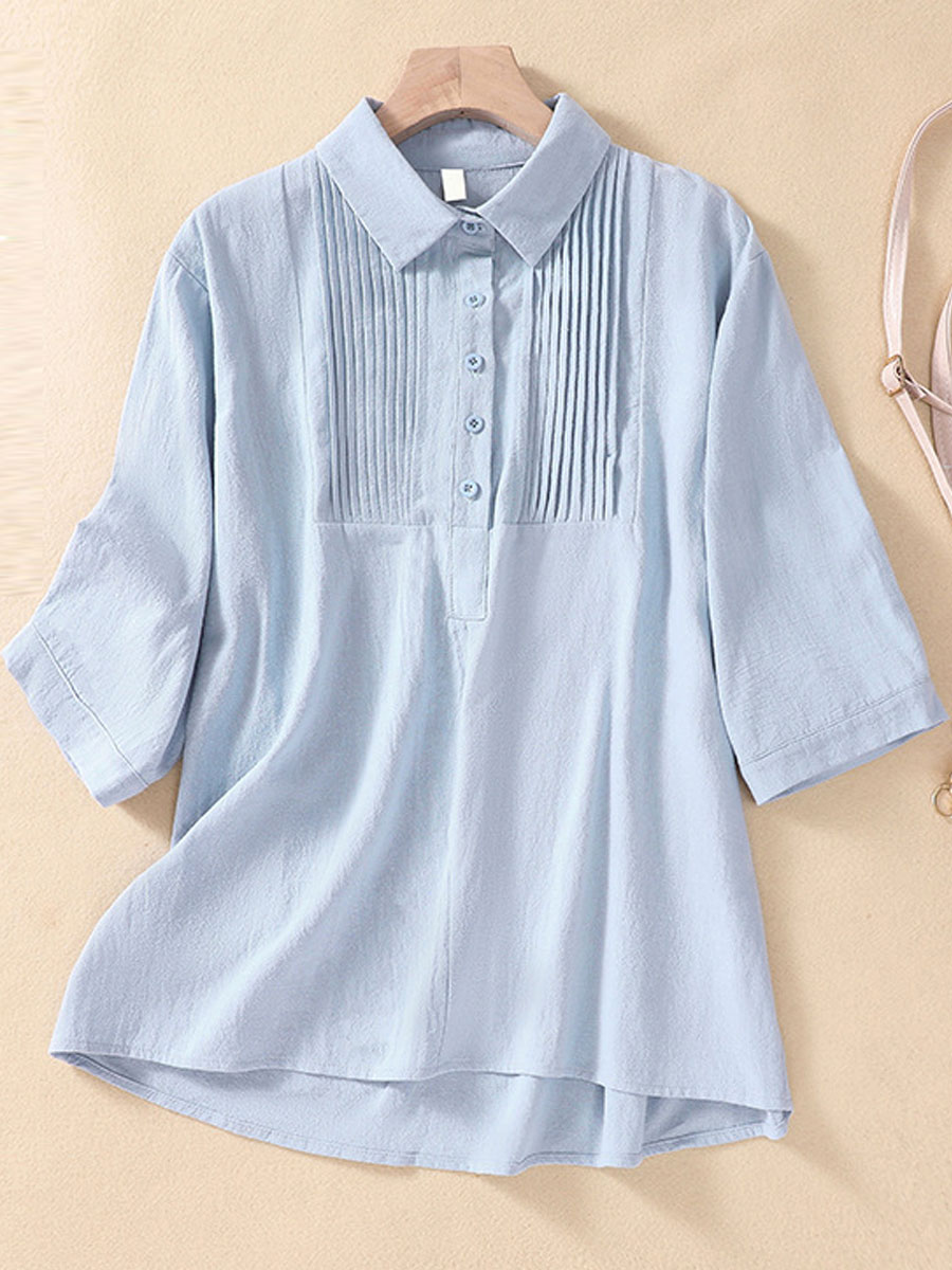 Casual Loose Solid Color Pleated Short Sleeve Blouse