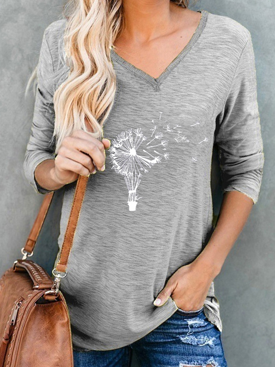 Casual Dandelion Print V Neck Long Sleeve T Shirt