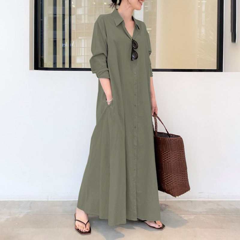 Solid Color Lapel Long Sleeve Loose Casual Shirt Dress