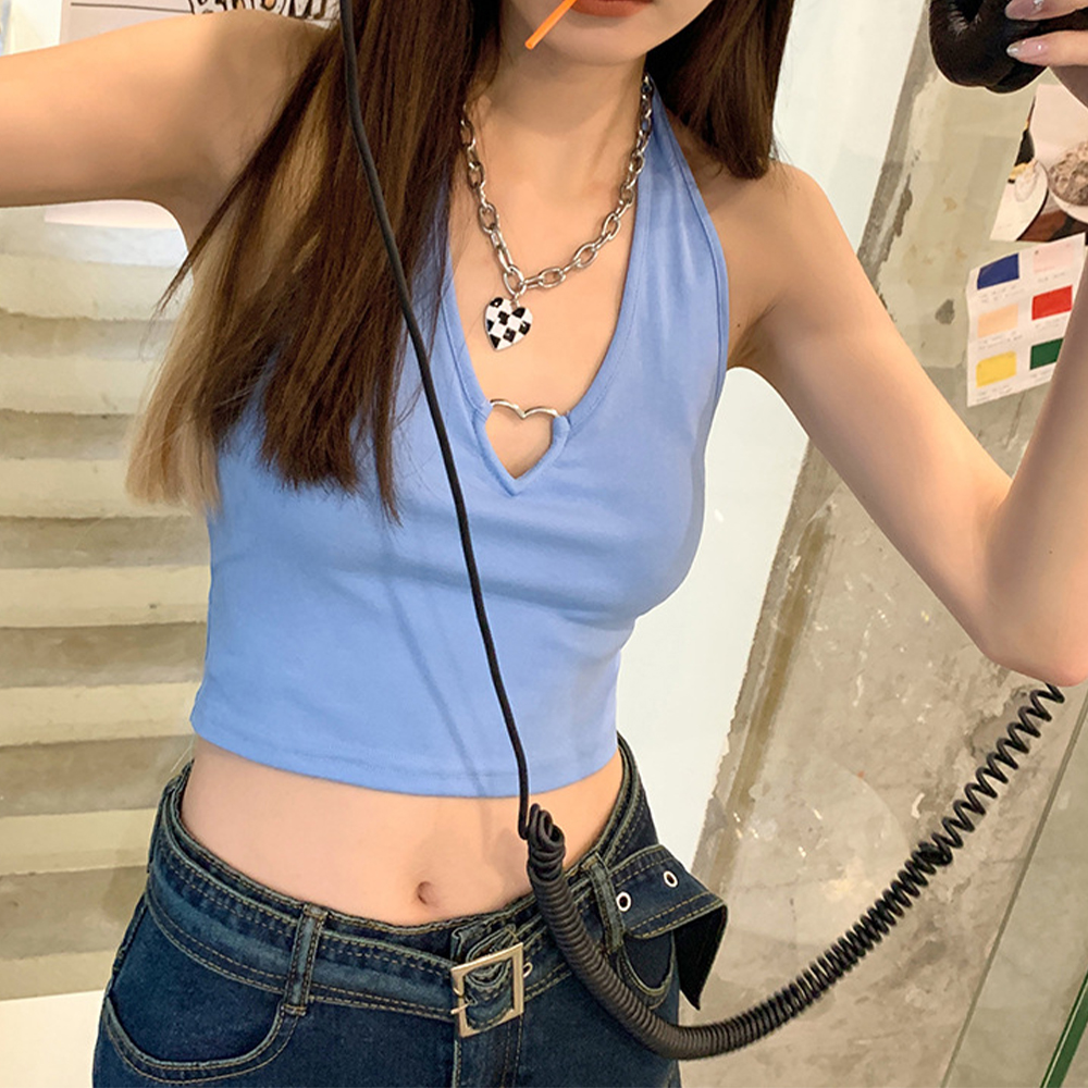 Cool And Hot Girl Metal Heart Hollow Halter Neck Cropped Vest