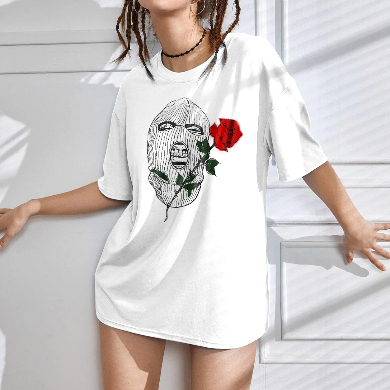 Women's Mask Rose Cotton Oversized T Shirt