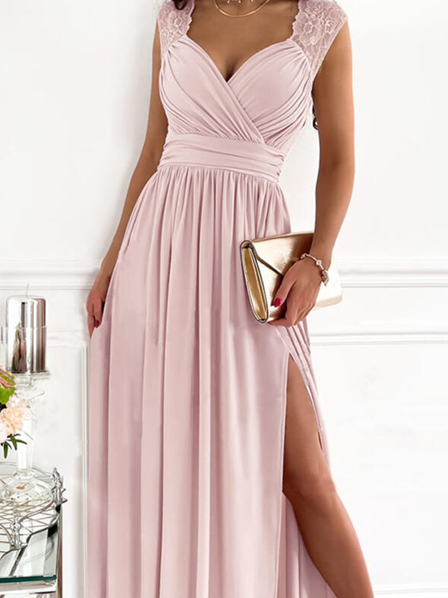 Elegant Pleated Slit Dress Maxi Dress