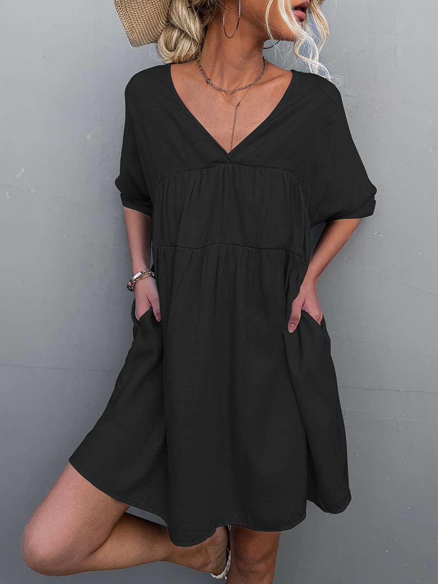 Summer Solid Color V neck Loosen Casual Dress