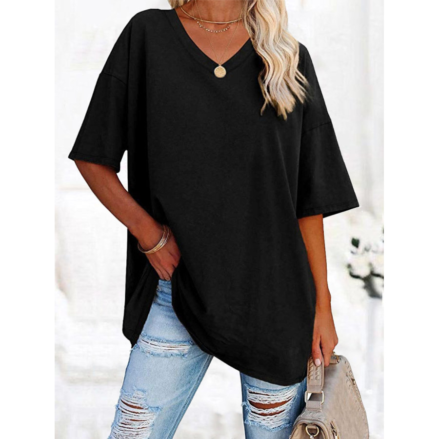 

T-shirt Ampia In Cotone Con Scollo A V A Mezza Manica