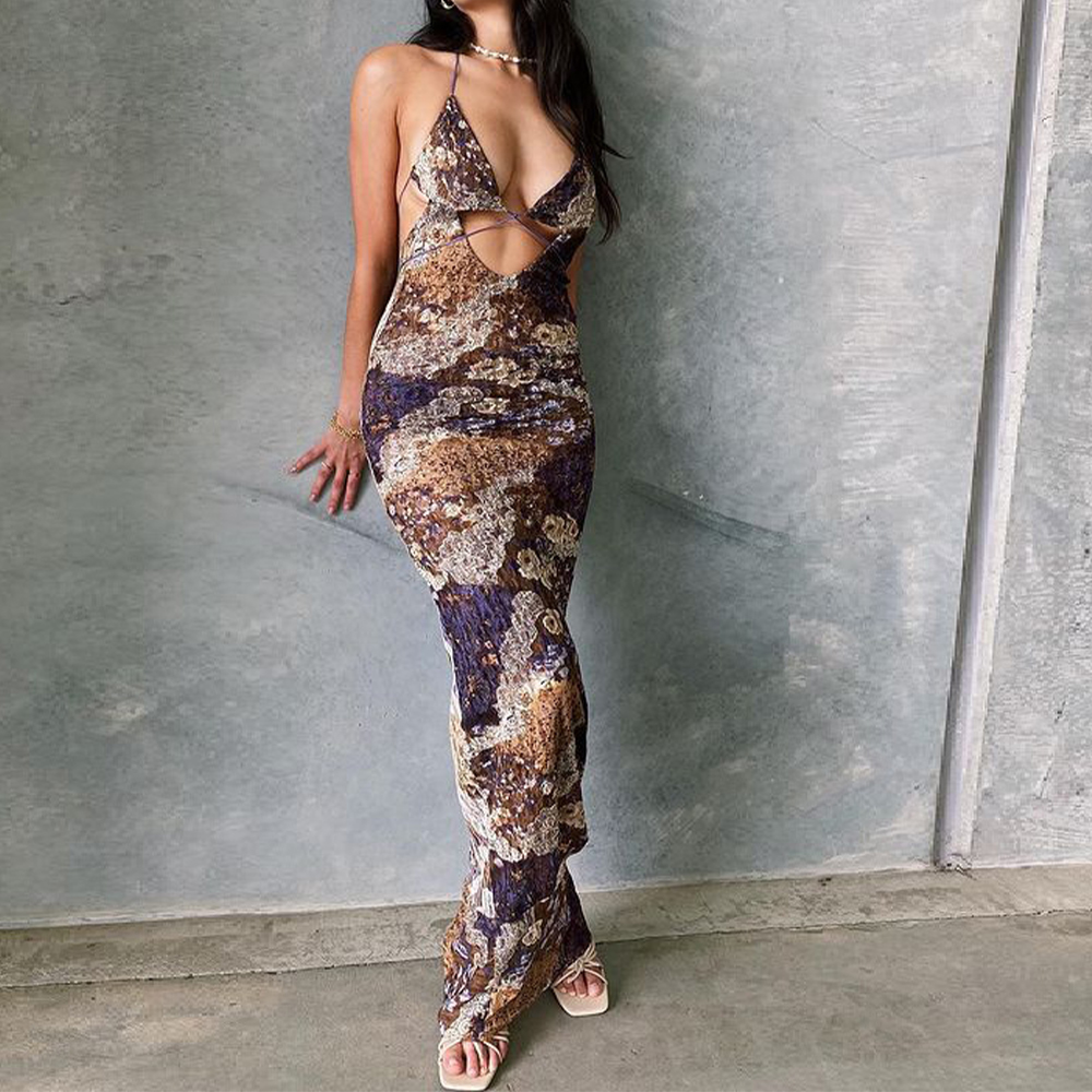 Sleeveless Tube Top Sexy Deep V Backless Hollow Slim Fit Tie Dye Hip Long Dress